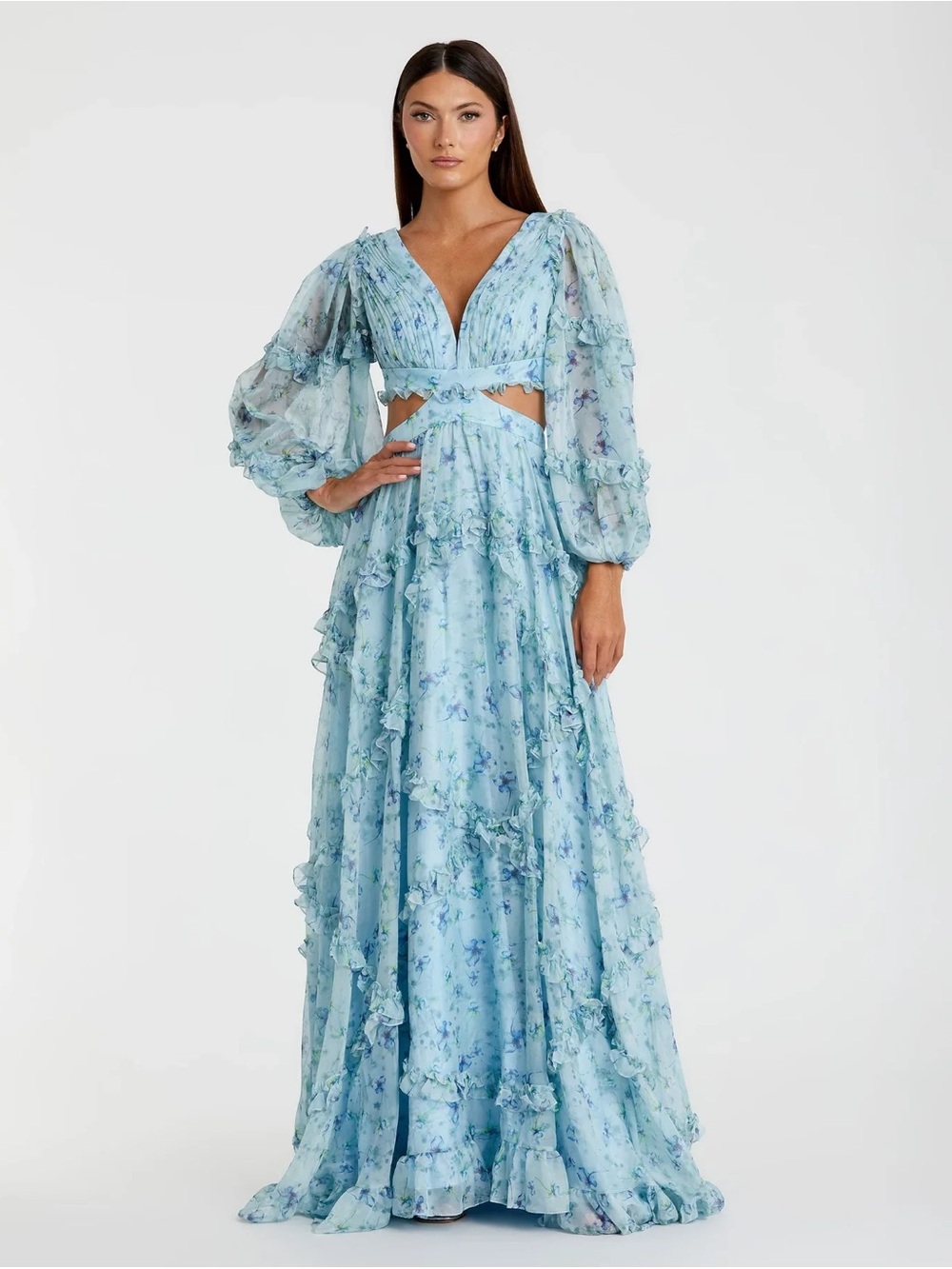 Mac Duggal Light Blue Floral Maxi Dress with Cutout Waist